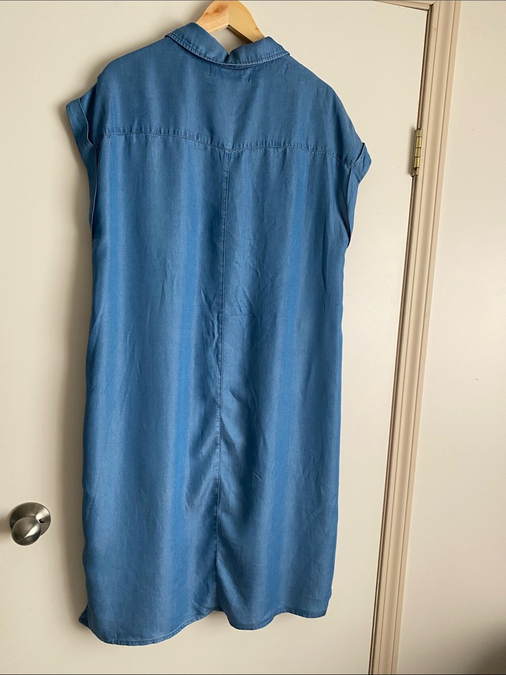 Standard Grace Blue Short-Sleeve Chambray Shirt Dress. Size L - Picture 7 of 8
